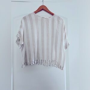 Esley Linen Cream and White Blouse With Ruffle Trim